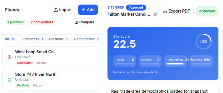 Evaluate workspace with places list and brief panel
