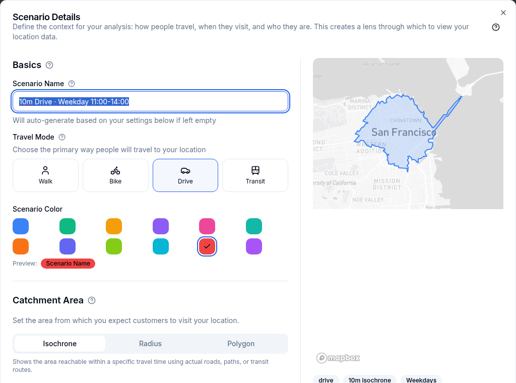 Scenario details modal showing trade area configuration